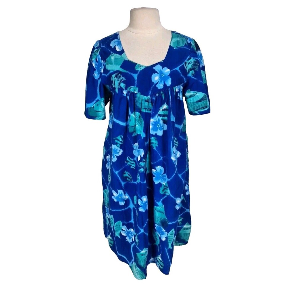 DESERT JEMS Women Midi House Dress Size M Blue Floral Short Sleeve Pullover 260P